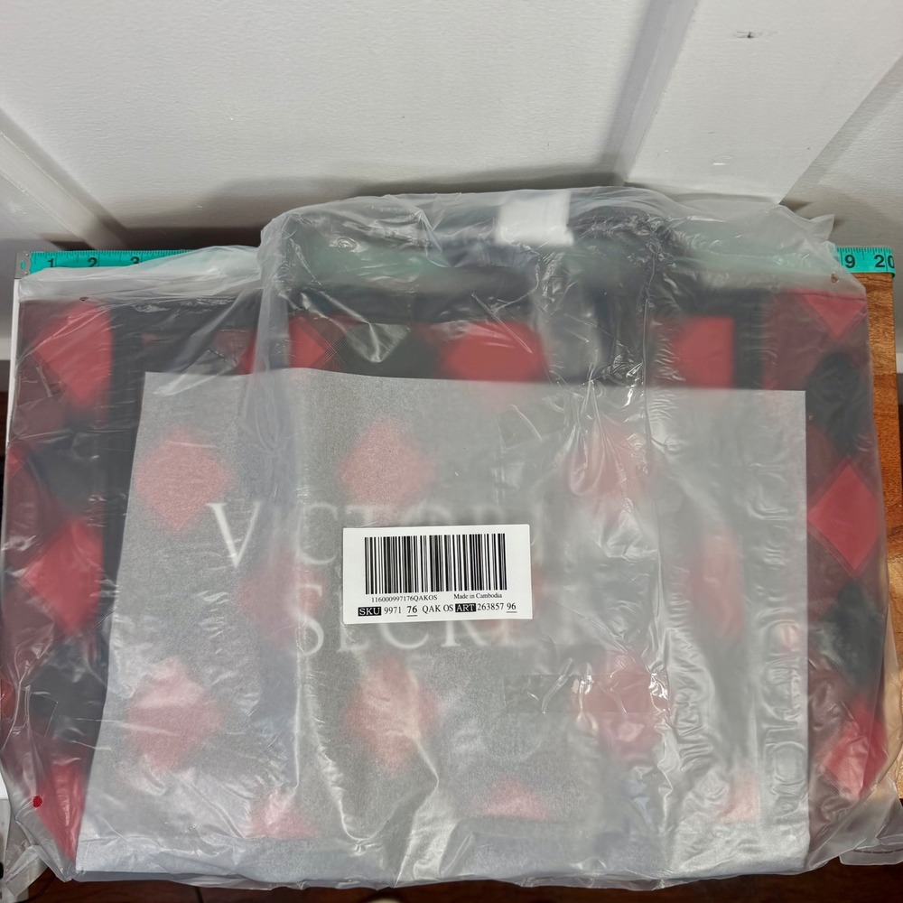 Victoria's Secret Red/Black Buffalo Plaid PU Weekender Tote Bag Lightweight NWT